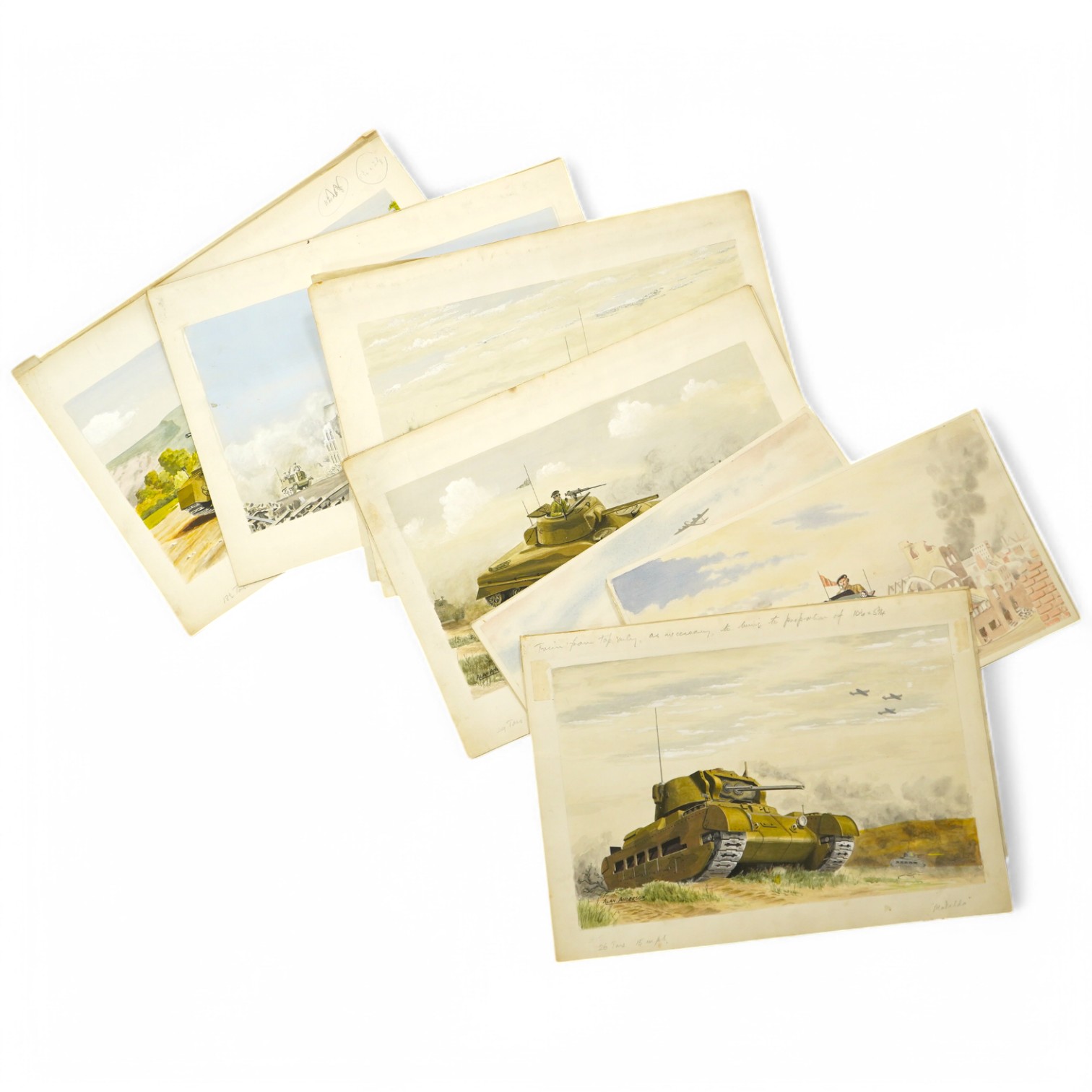 Alan Anderson, set of eight original WWII watercolours for postcard designs, Military vehicles to include ‘Cromwell Tank’, Matilda Infantry Tank’, ‘Churchill Heavy Infantry Tank’ and ‘Crusader Tank’, each with original c